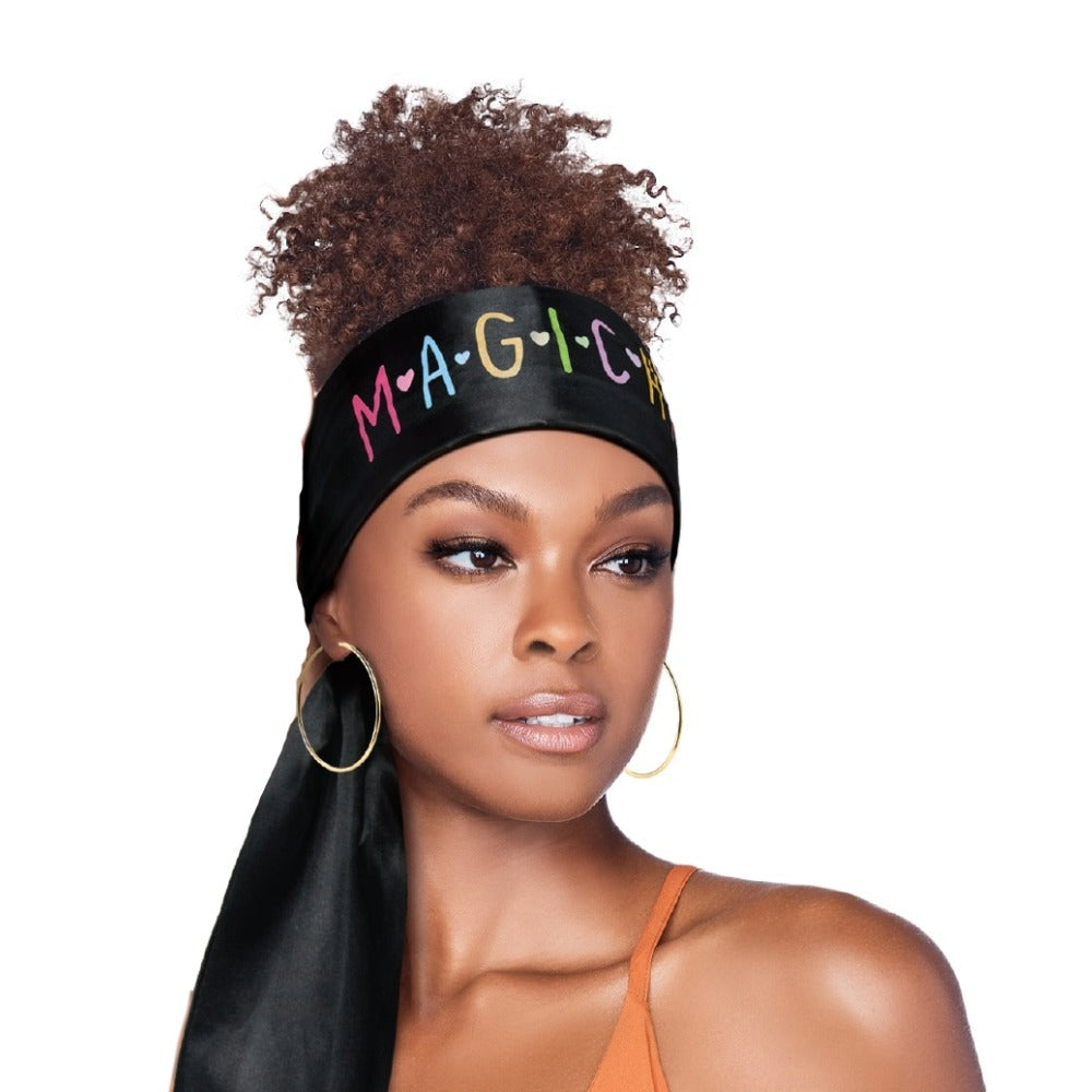RED BEAUTY by KISS silky satin edge scarf black headwrap with colorful MAGIC lettering and high curly puff