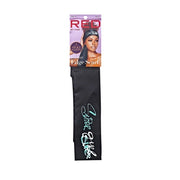 RED BEAUTY by KISS silky satin edge scarf black with teal script logo in retail packaging for hair protection and styling