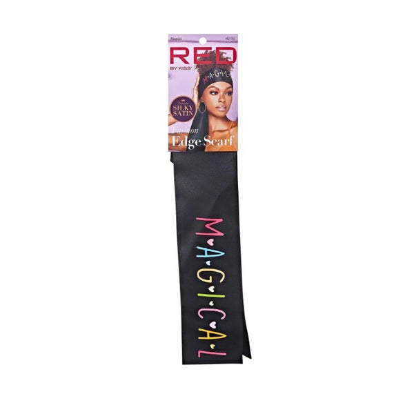 RED BEAUTY by KISS silky satin edge scarf black with colorful MAGICAL lettering and retail header card
