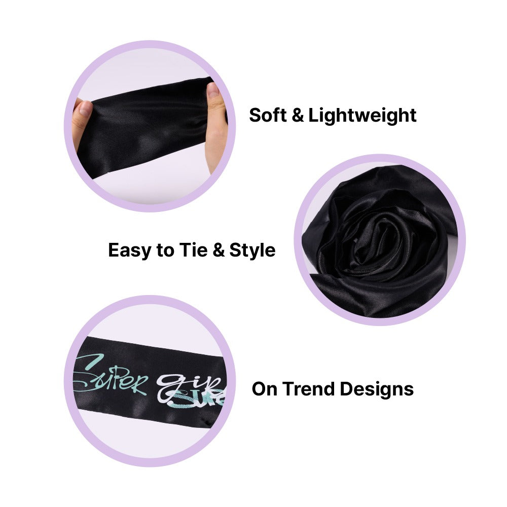 RED BEAUTY by KISS silky satin edge scarf in black shown stretched rolled and printed with soft lightweight fabric