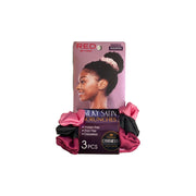 RED BEAUTY by KISS silky satin scrunchies 3 pack in assorted colors, friction free and crease-less