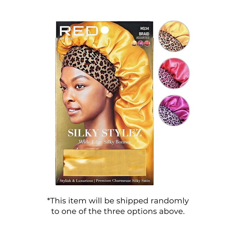 RED BEAUTY by KISS packaging showing model wearing gold super jumbo silky bonnet for braids with leopard band and color options