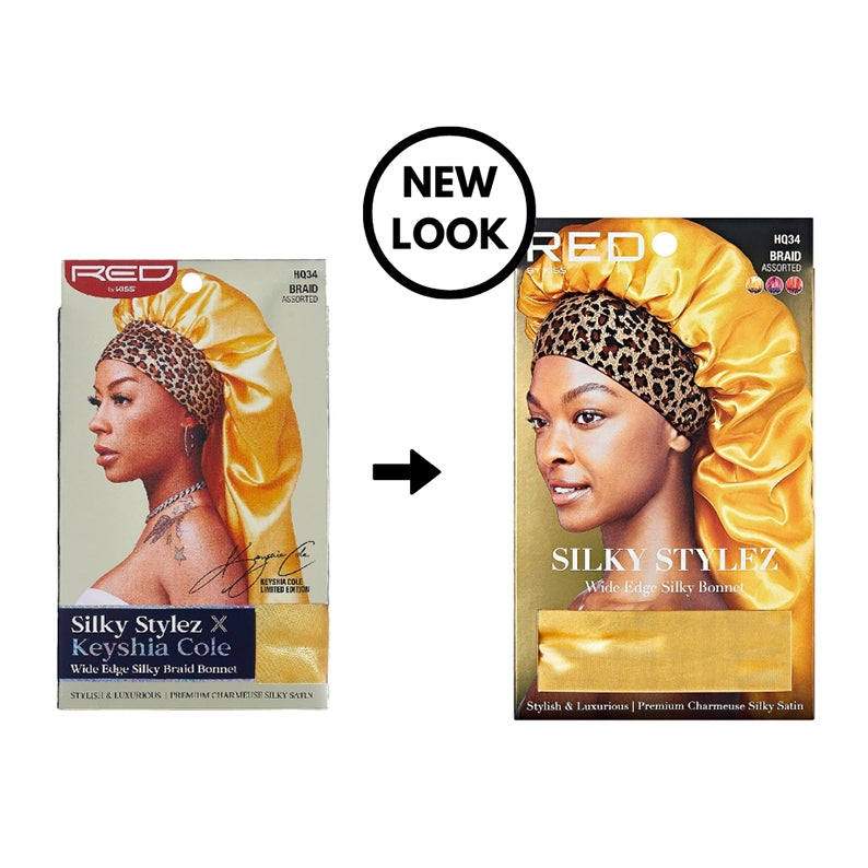 RED BEAUTY by KISS packaging showing model wearing gold satin super jumbo silky bonnet for braids with leopard print band
