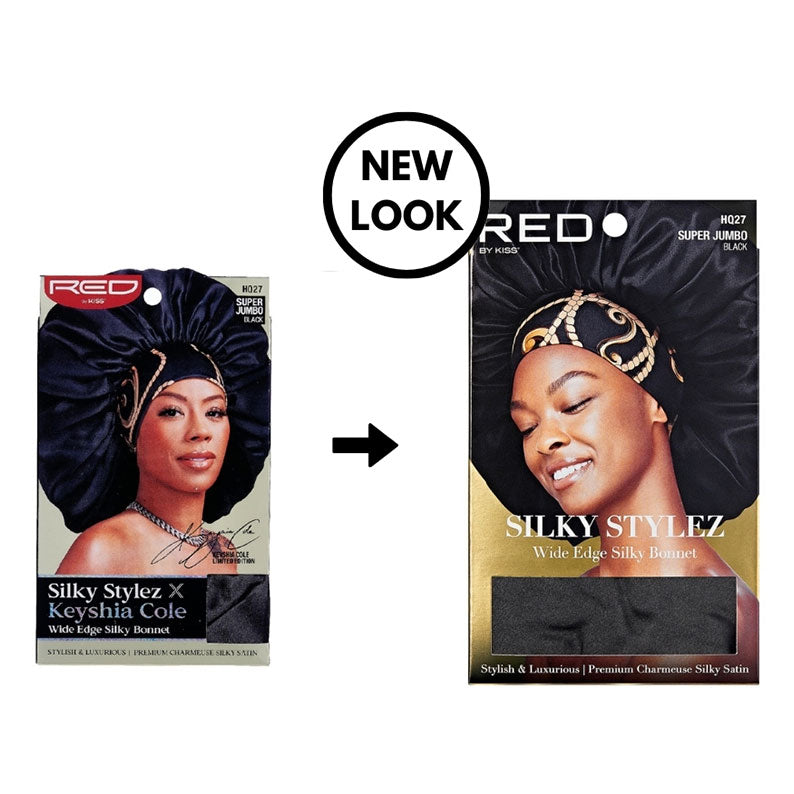 RED BEAUTY by KISS packaging showing new and old designs for super jumbo silky bonnet for braids in black