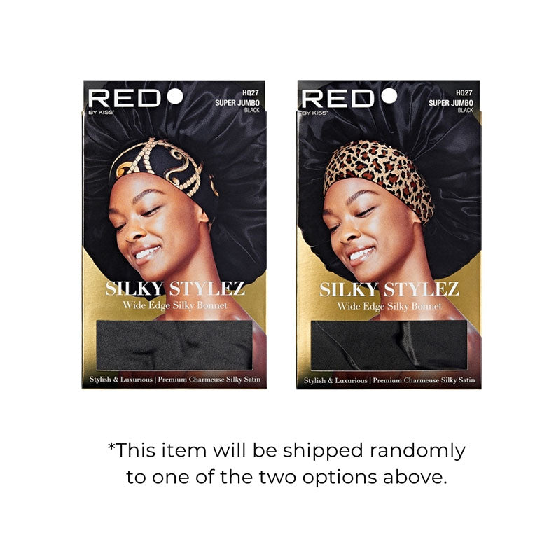 RED BEAUTY by KISS super jumbo silky bonnet for braids packaging showing black and leopard print options