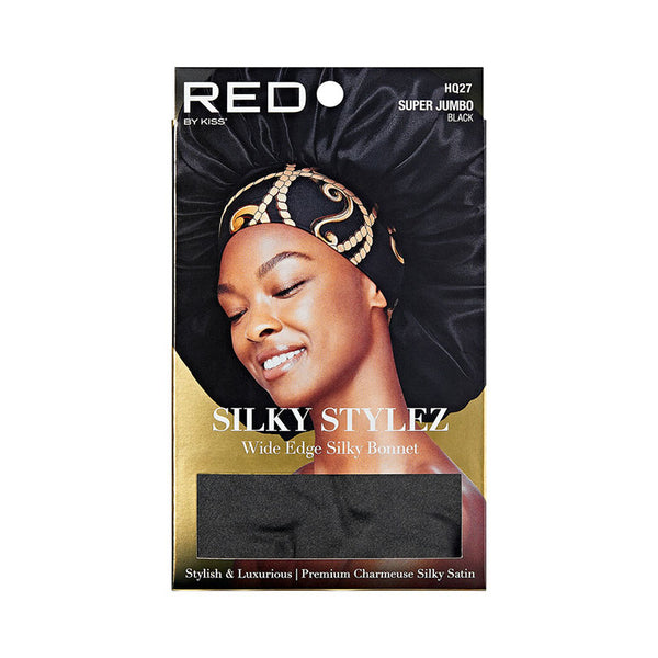 RED BEAUTY by KISS super jumbo silky bonnet for braids black wide edge silky satin bonnet on model