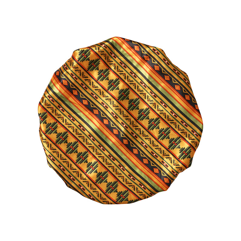 RED BEAUTY by KISS super jumbo silky bonnet in gold orange green Aztec stripe print for hair protection