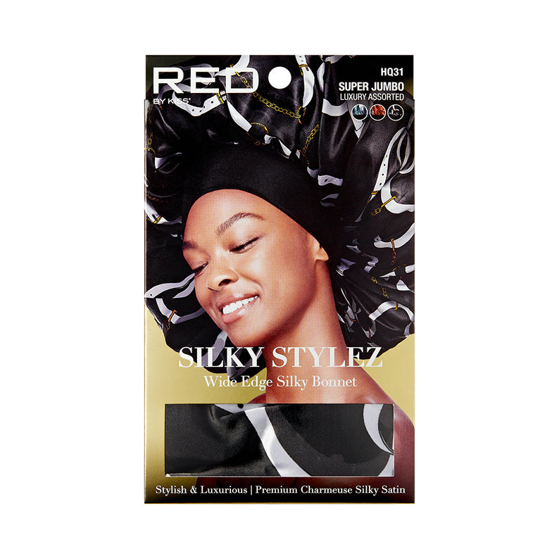 RED BEAUTY by KISS package with smiling model wearing super jumbo silky bonnet black patterned satin