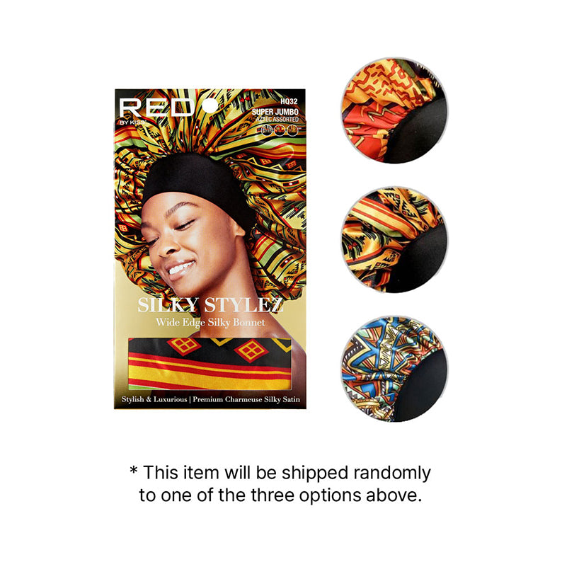 RED BEAUTY by KISS super jumbo silky bonnet pack showing model wearing colorful wide edge bonnet and three pattern options