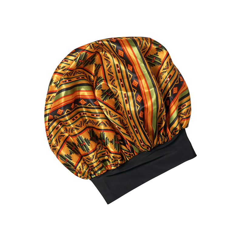 RED BEAUTY by KISS super jumbo silky bonnet gold orange tribal print with wide black band