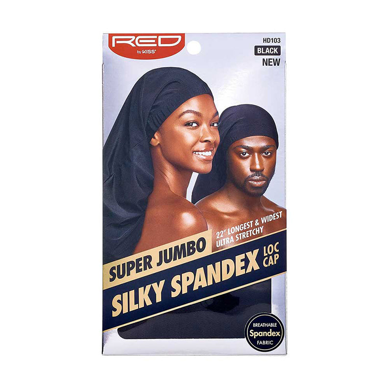 RED BEAUTY by KISS packaging showing two models wearing black super jumbo silky spandex loc cap with ultra stretchy fit