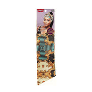 RED BEAUTY by KISS packaged silky satin patterned headscarf with model featuring super sleek edge laying scarf