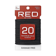 RED BEAUTY by KISS package of 20 thin black hair elastics with maximum hold and damage free design