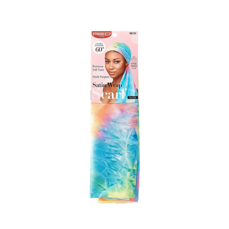 RED BEAUTY by KISS tie-dye satin wrap scarf packaging showing pastel multicolor satin scarf and model