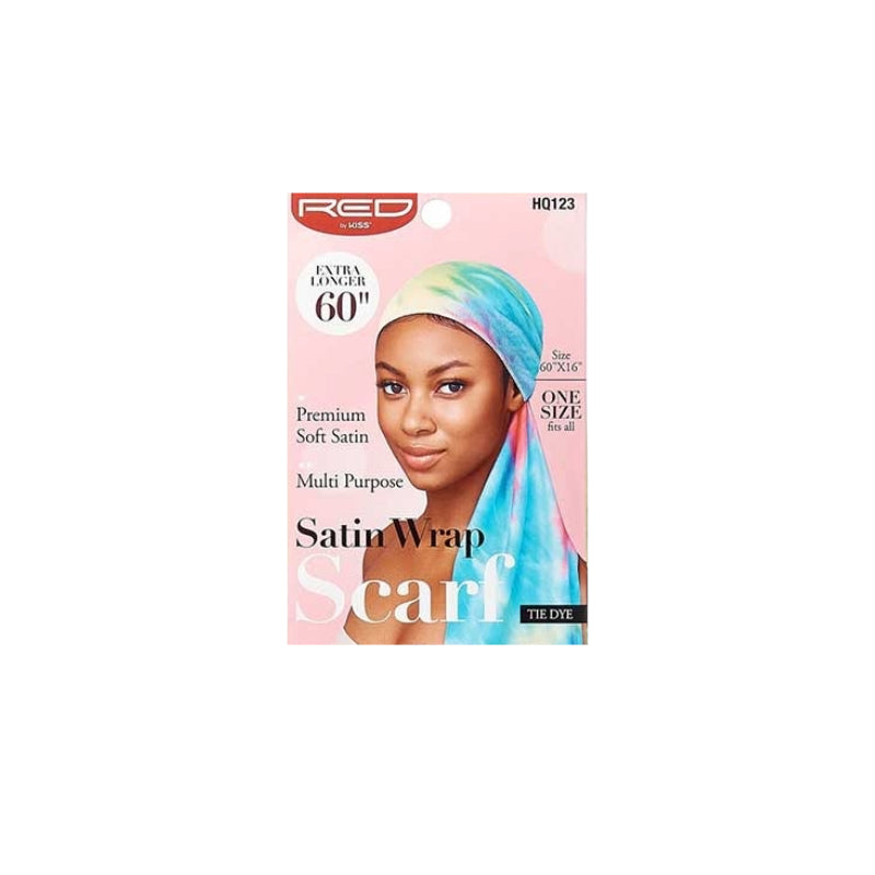 RED BEAUTY by KISS model wearing pastel tie-dye satin wrap scarf on product packaging 60 inch