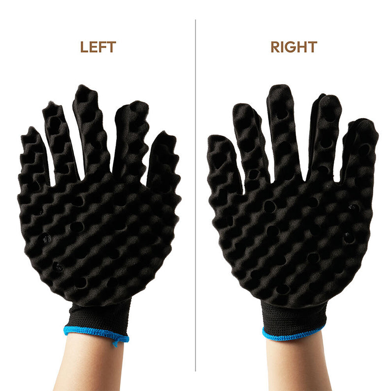 RED BEAUTY by KISS black textured pair showing left and right twist sponge glove for hair styling with blue cuff