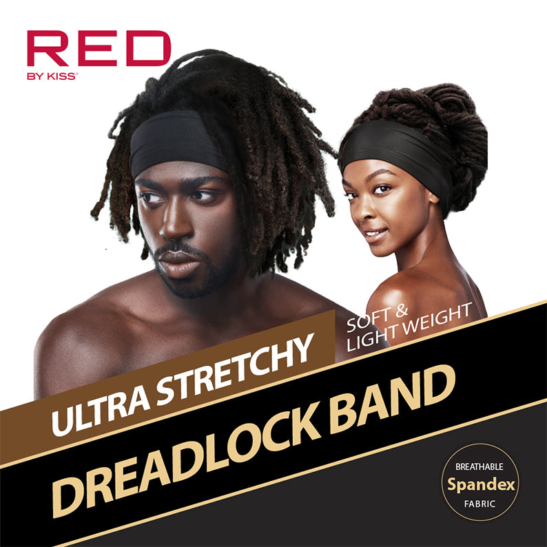 RED BEAUTY by KISS models wearing black ultra stretchy dreadlock band made from breathable spandex