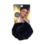 RED BEAUTY by KISS black top knot turban with rosette front velvet satin lined turban for hair