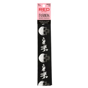 RED by KISS wide skull edge band black fabric with repeating white skulls and with me script