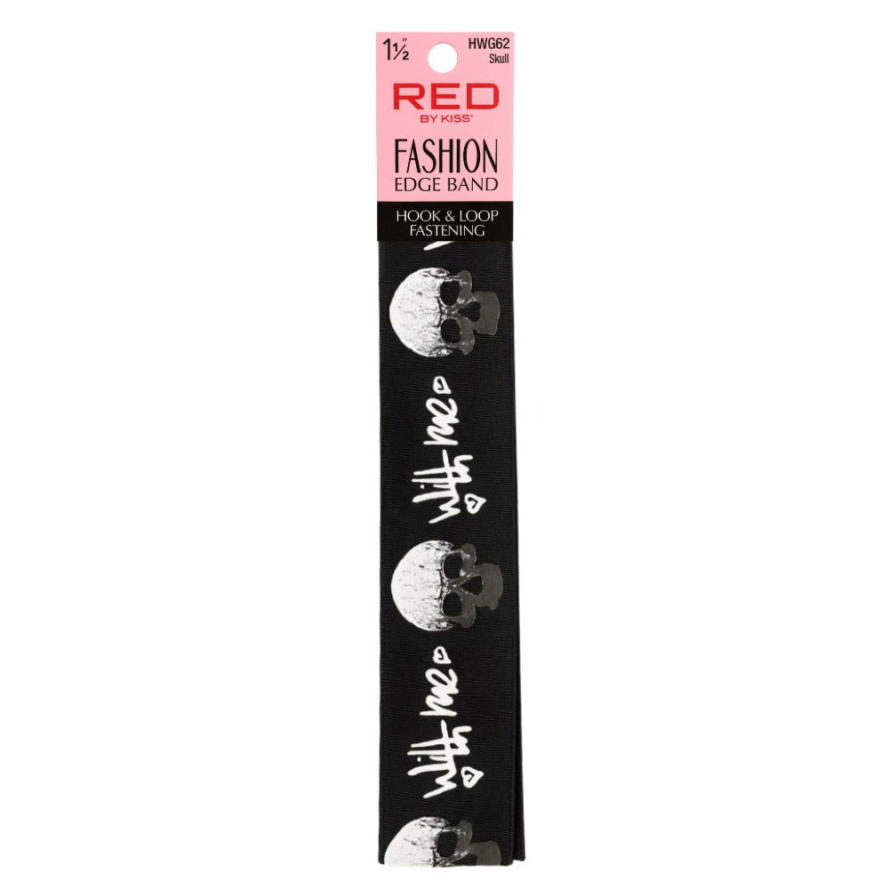 RED by KISS wide skull edge band black fabric with repeating white skulls and with me script