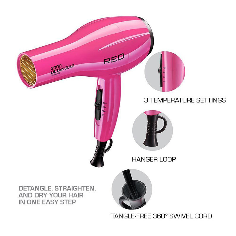 RED BEAUTY by KISS pink ceramic detangler hair dryer with 3 temperature settings hanger loop and swivel cord