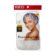 RED BEAUTY by KISS extra large hair processing caps 30 pack XL clear disposable caps shown on model