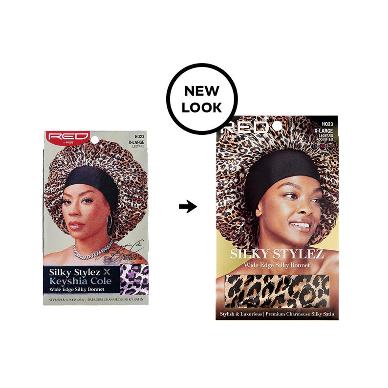 RED BEAUTY by KISS extra large silky bonnet leopard print wide edge satin bonnet packaging showing new look