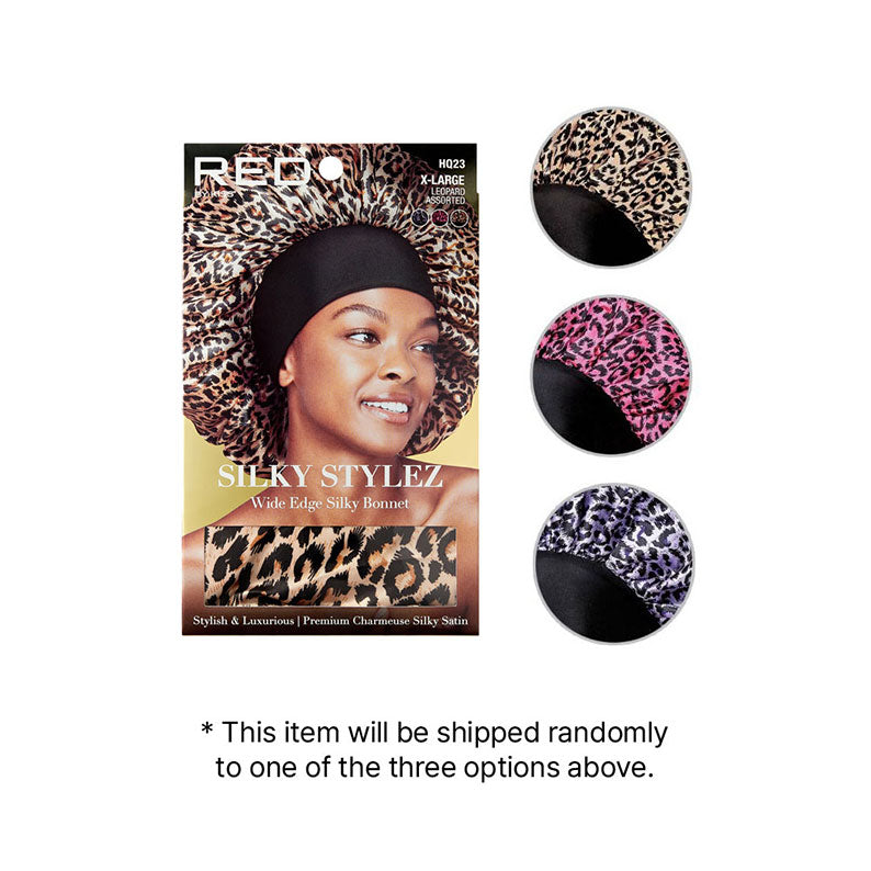 RED BEAUTY by KISS extra large silky bonnet leopard print satin wide edge shown in three colors