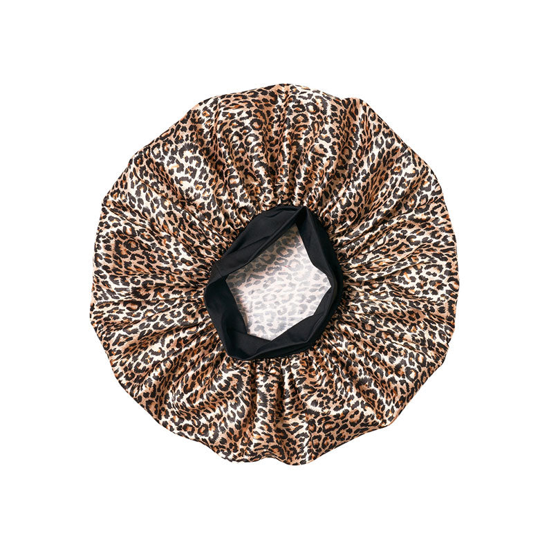 RED BEAUTY by KISS extra large silky bonnet leopard print satin with black elastic band for hair protection