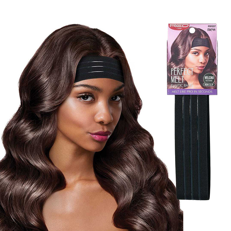 RED BEAUTY by KISS lace frontal melt band elastic velcro headband with packaging shown on model