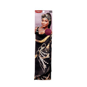 RED BEAUTY by KISS silky satin black and gold patterned luxury edge laying scarf packaged with model image