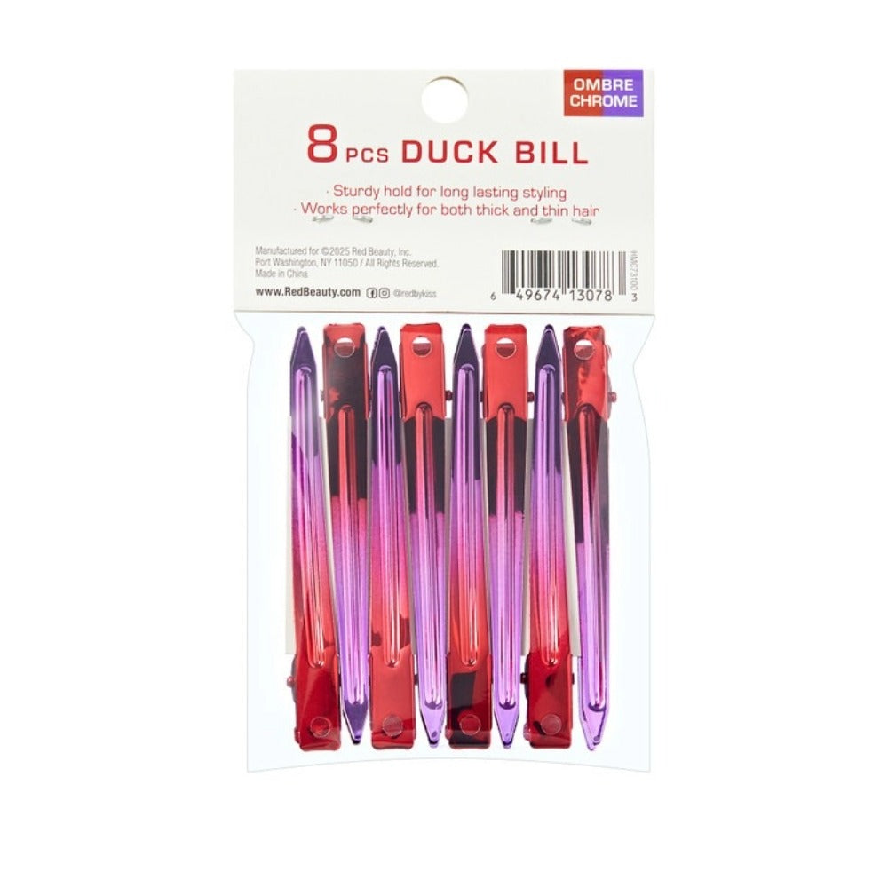 RED BEAUTY by KISS package of 8 ombre chrome duck bill hair clips in red and purple metallic gradient