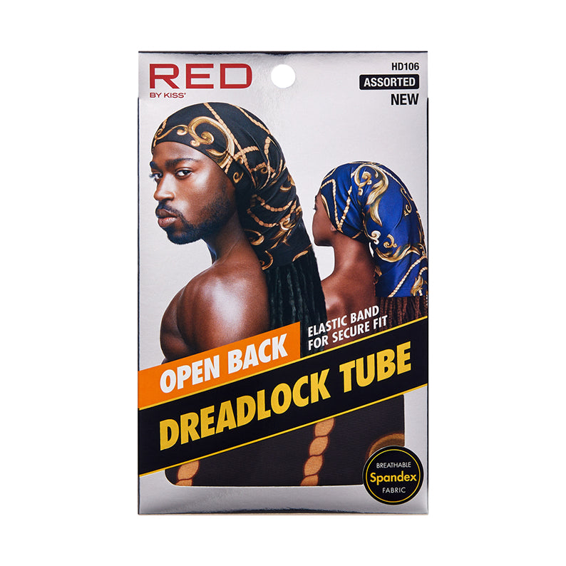 RED BEAUTY by KISS packaging showing two models wearing patterned open back dreadlock tube cap in assorted colors
