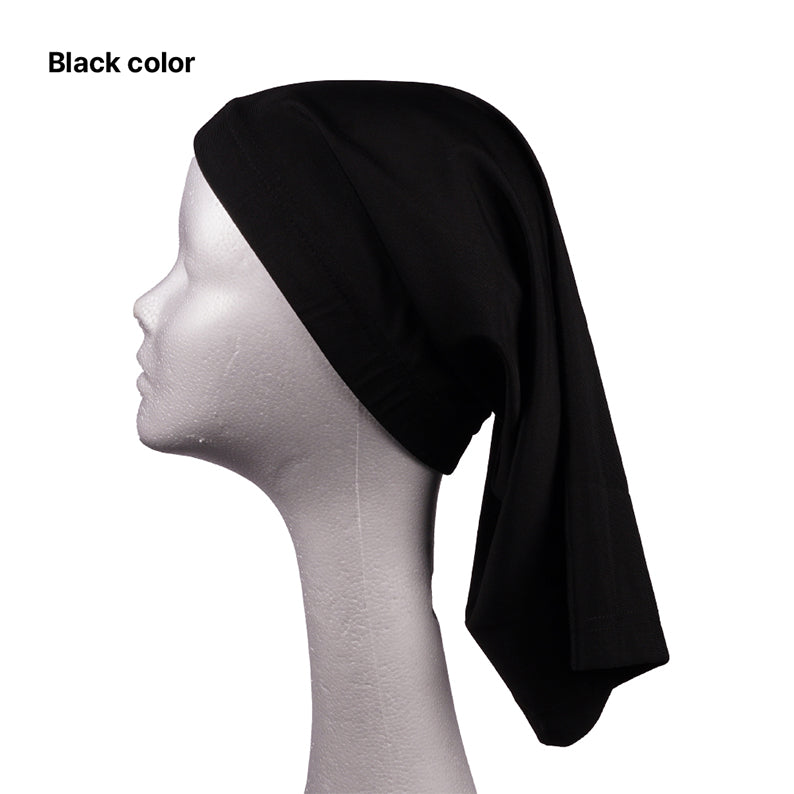 Black open back dreadlock tube cap displayed on white mannequin head side profile by RED BEAUTY by KISS