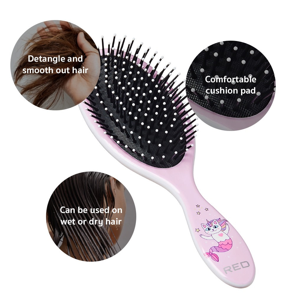 RED BEAUTY by KISS pink oval detangling hair brush with cushioned ball tip bristles and mermaid design