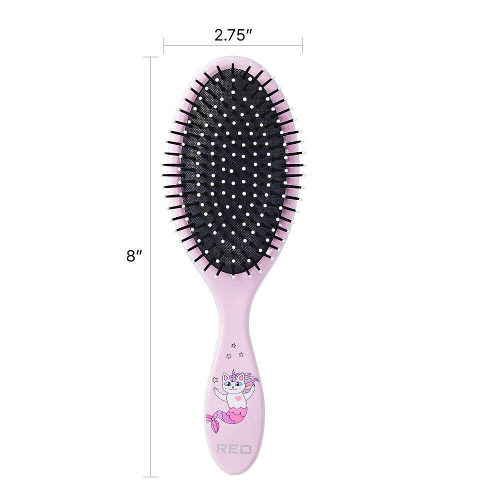 RED BEAUTY by KISS pink oval detangling hair brush 8 inches with mermaid cat handle and ball tip bristles