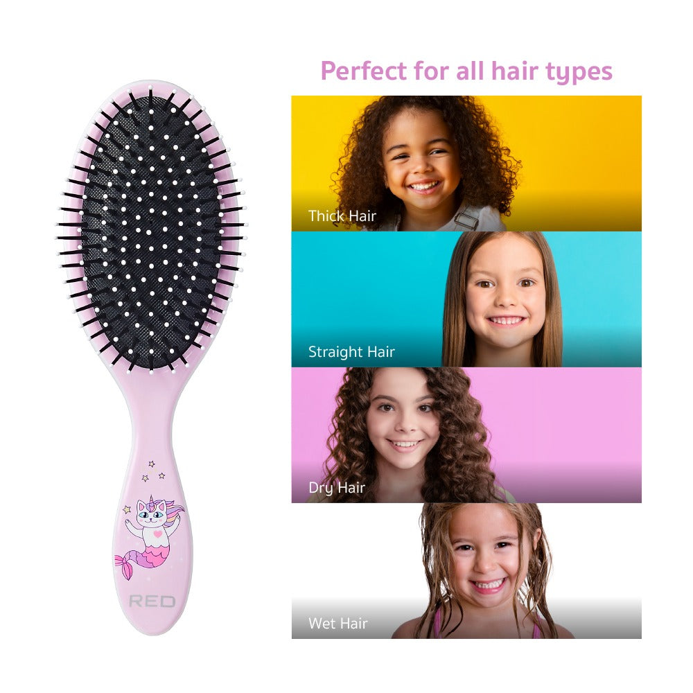 RED BEAUTY by KISS oval detangling hair brush pink cat mermaid design shown with kids of various hair types