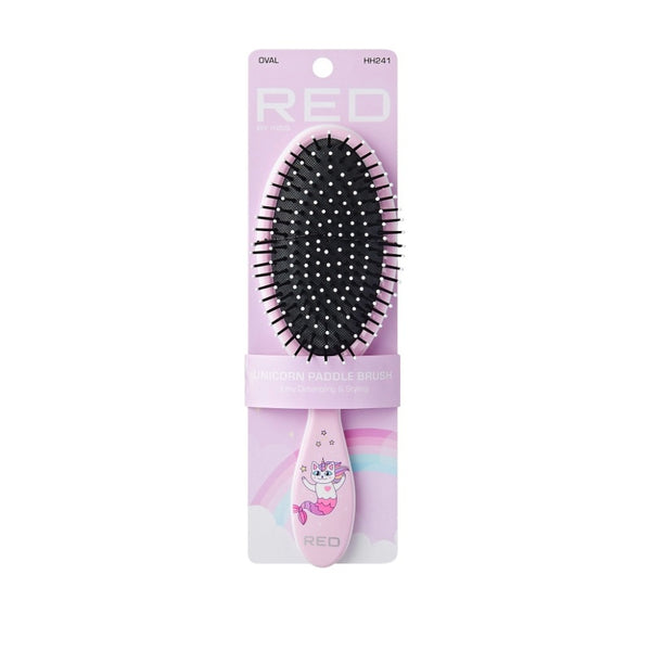 RED BEAUTY by KISS pink oval detangling hair brush with unicorn handle design and cushioned ball tipped bristles