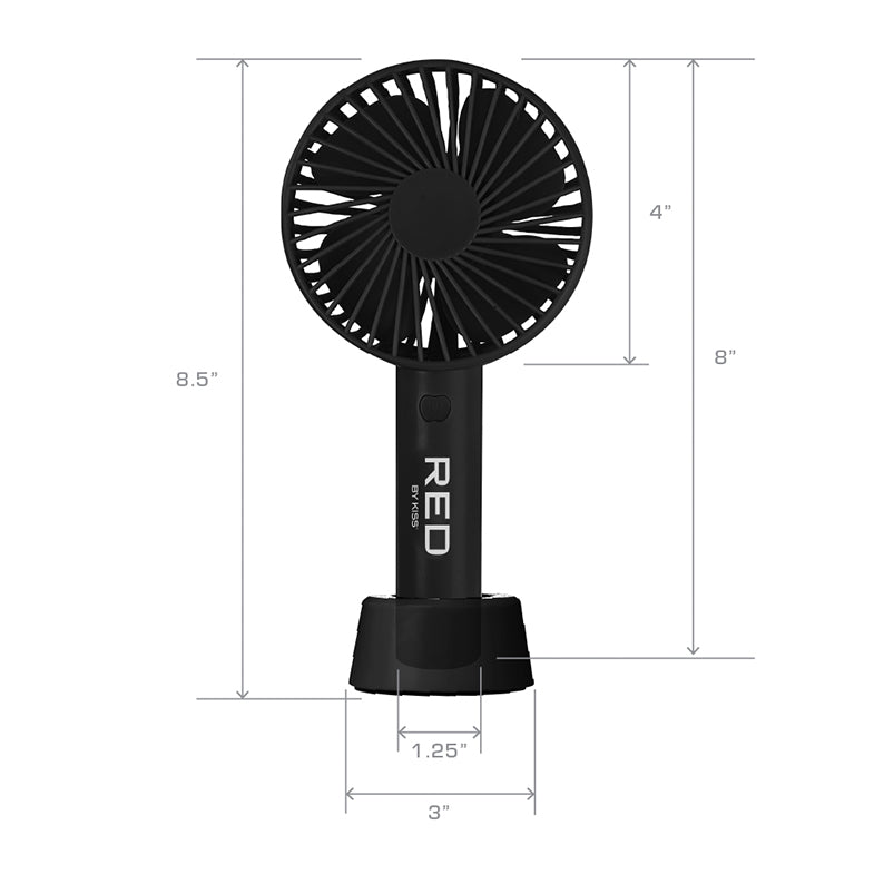 Black RED BEAUTY by KISS portable rechargeable beauty fan with compact handheld design and measurement details
