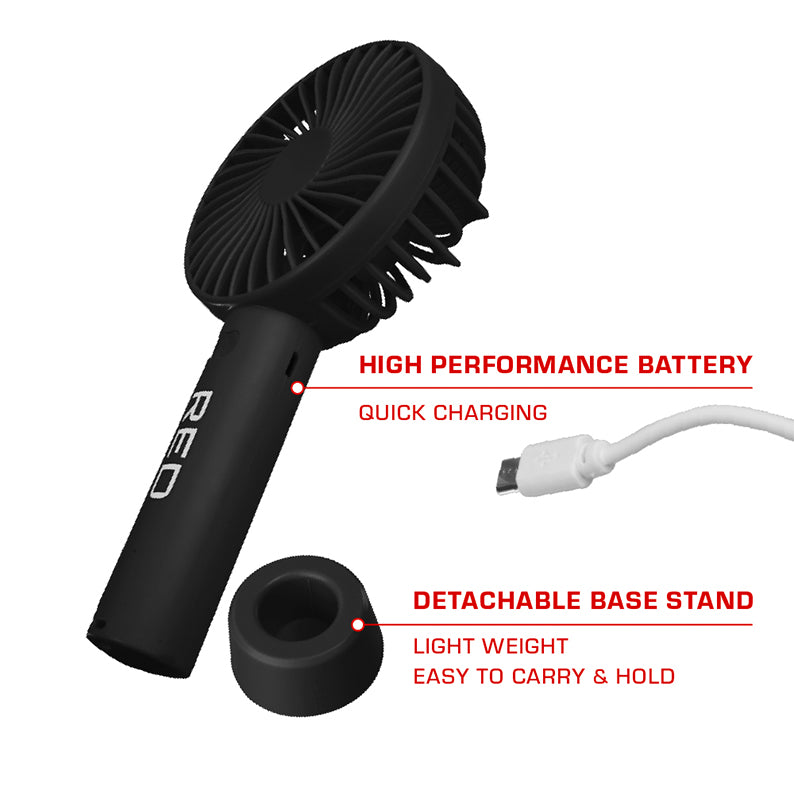 RED BEAUTY by KISS portable rechargeable beauty fan in black with detachable base stand and USB charging cable