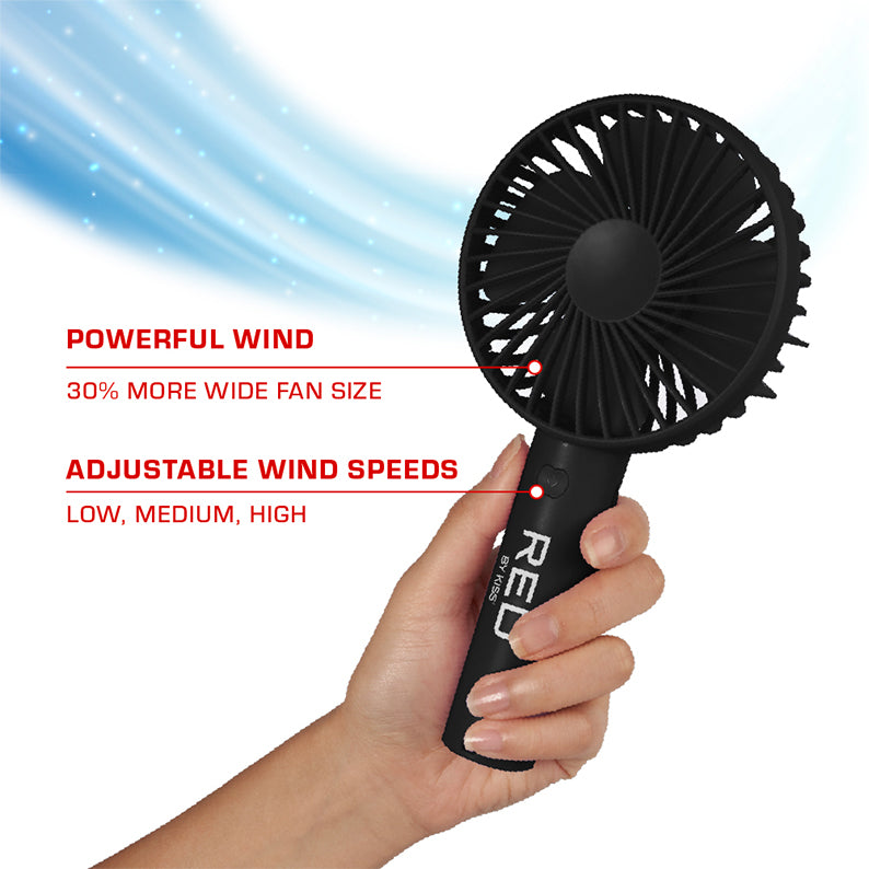 RED BEAUTY by KISS portable rechargeable beauty fan held in hand with adjustable wind speeds and large fan size