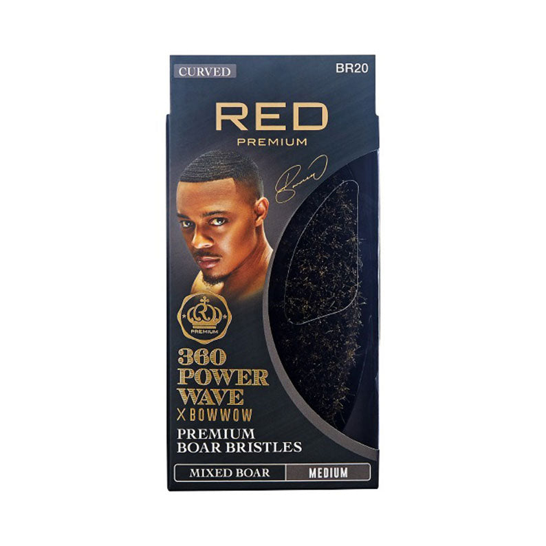 RED Premium curved brush packaging with model and visible mixed boar bristles for 360 power wave boar brush medium