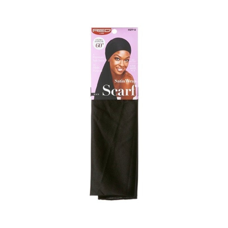 RED BEAUTY by KISS black satin hair scarf in packaging featuring a smiling woman