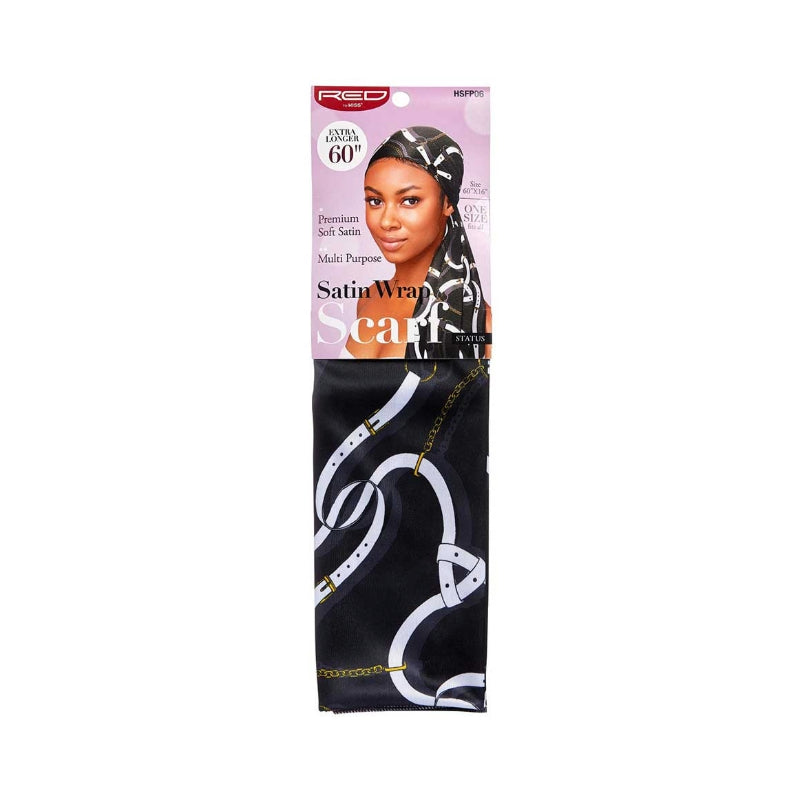 RED BEAUTY by KISS silky satin hair scarf black with white and gold chain print for hair protection