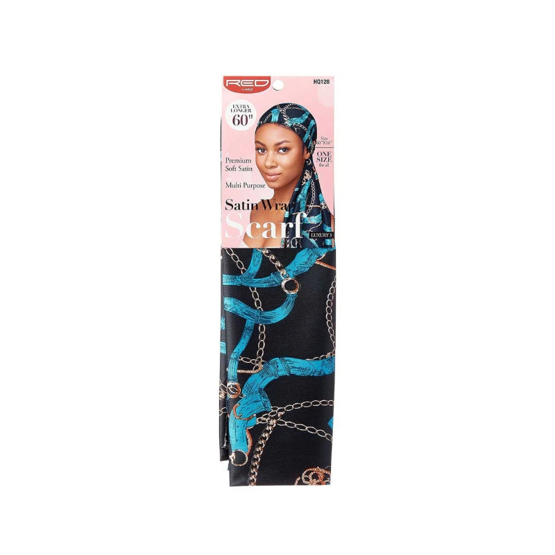 RED BEAUTY by KISS silky satin wrap scarf black teal chain print 60 inch multipurpose head and hair wrap