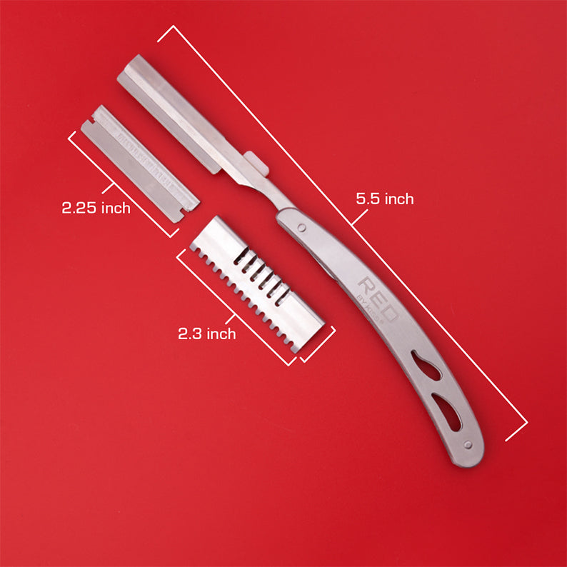 RED BEAUTY by KISS stainless steel hair shaper razor with removable blades and comb attachment on red background