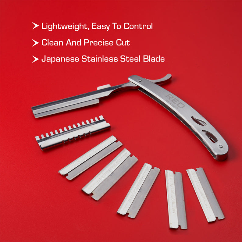 stainless steel hair shaper straight razor with interchangeable blades and serrated comb on red background