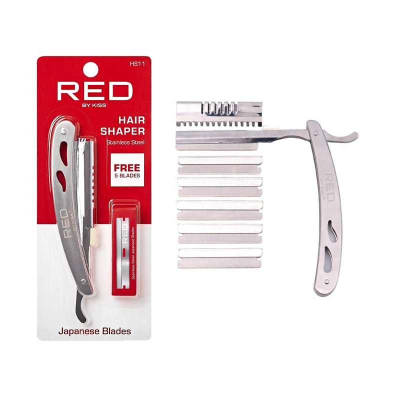RED Beauty by KISS stainless steel hair shaper with folding handle and five replacement blades