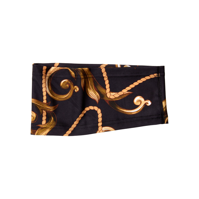 RED BEAUTY by KISS ultra stretchy dreadlock band black fabric with gold chain and baroque scroll print