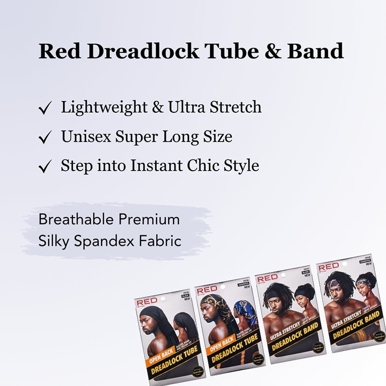 RED BEAUTY by KISS packaging for red dreadlock tube and ultra stretchy dreadlock band with feature list